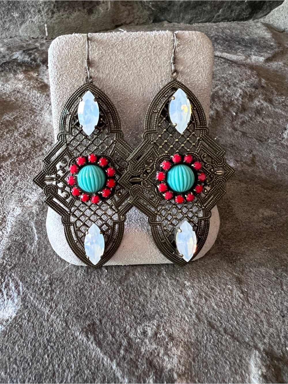 Anton Heunis Bohemian Filigree Teardrop Earrings with Turquoise & Red Accents